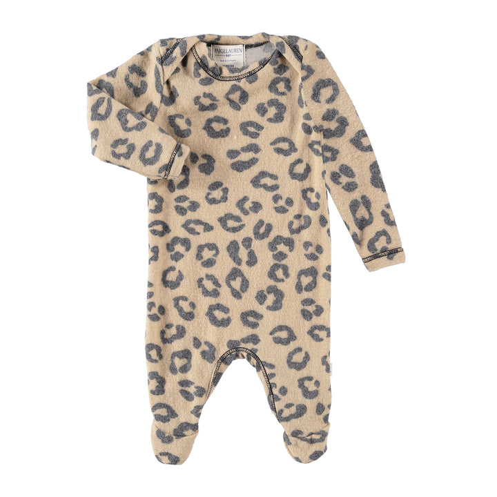 A long-sleeved baby onesie pajama with footie detail, featuring a leopard print pattern in black and white.