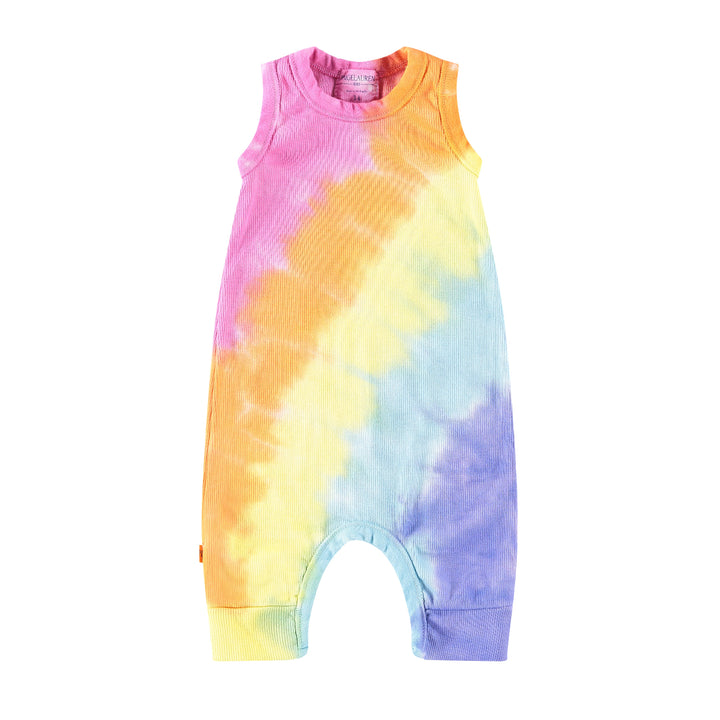 Tie-dye baby romper with pink, orange, yellow, and blue colors on a white background