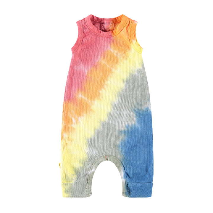 Tie-dye baby romper with pink, orange, yellow, and blue colors on a white background.