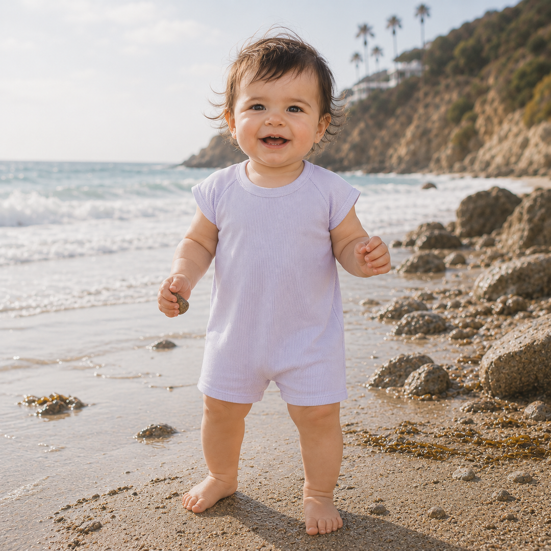 Garment-Dyed Lavender: The Softest 2x1 Rib Romper for Babies Made in Los Angeles