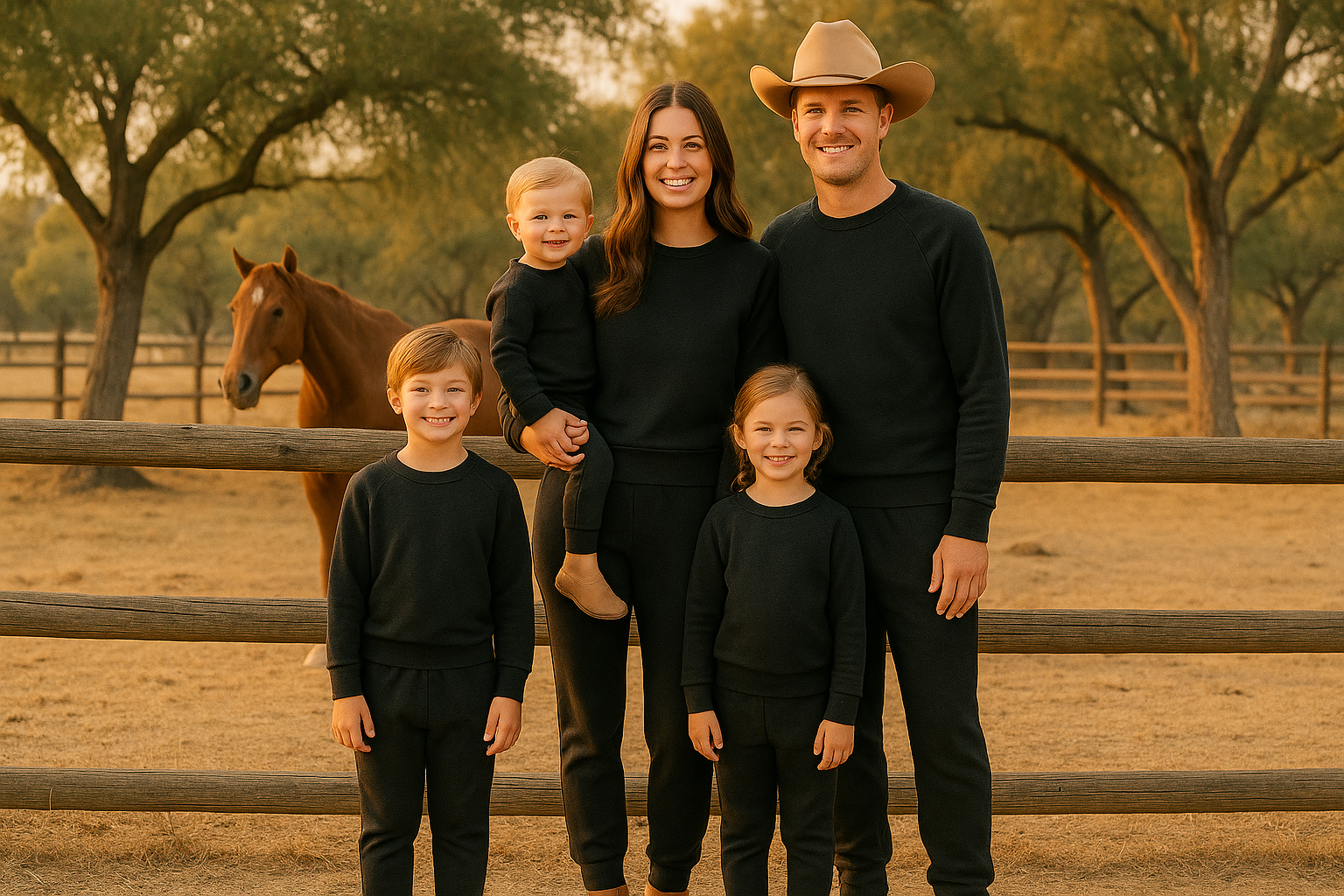 Family of five posing with a horse in a rural setting