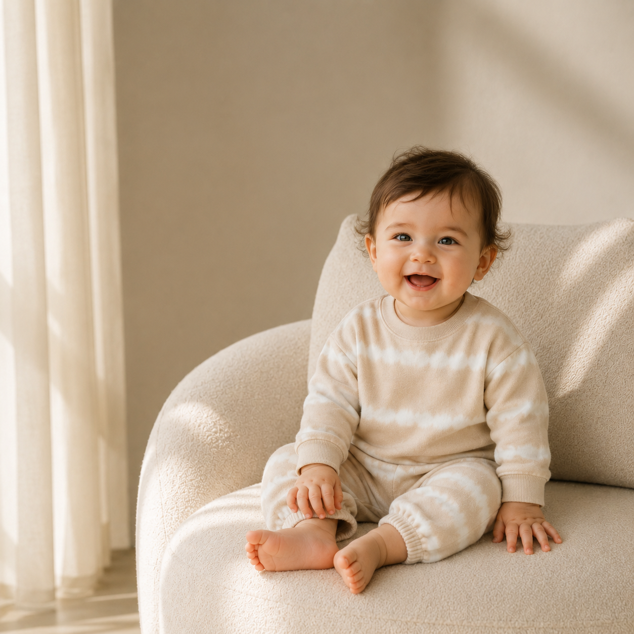 A smiling baby sitting on a cream-colored textured armchair, wearing a matching beige and white tie-dye long-sleeve romper.