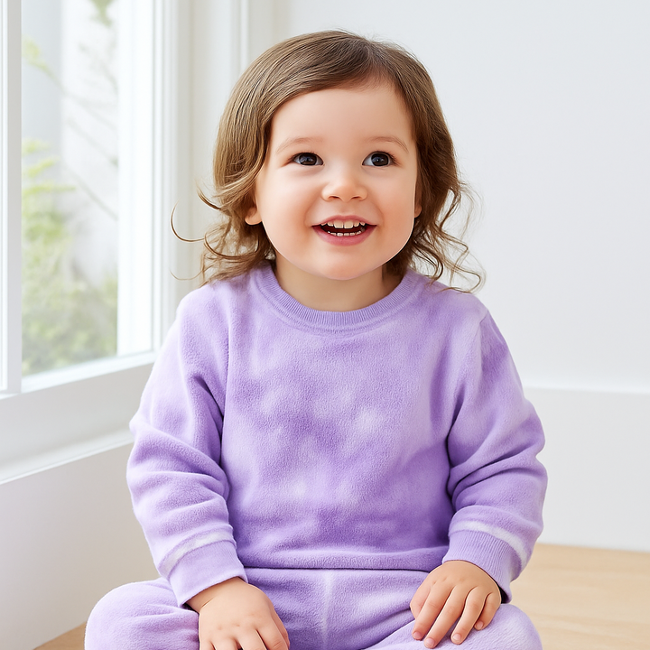 Child wearing a purple tie-dye outfit sitting on a wooden floor.