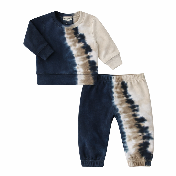 Tie-dye sweatshirt and pants set on a white background