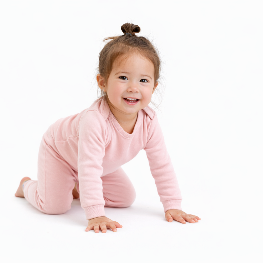 Baby wearing hand-dyed rib lap tee and legging set in soft pink