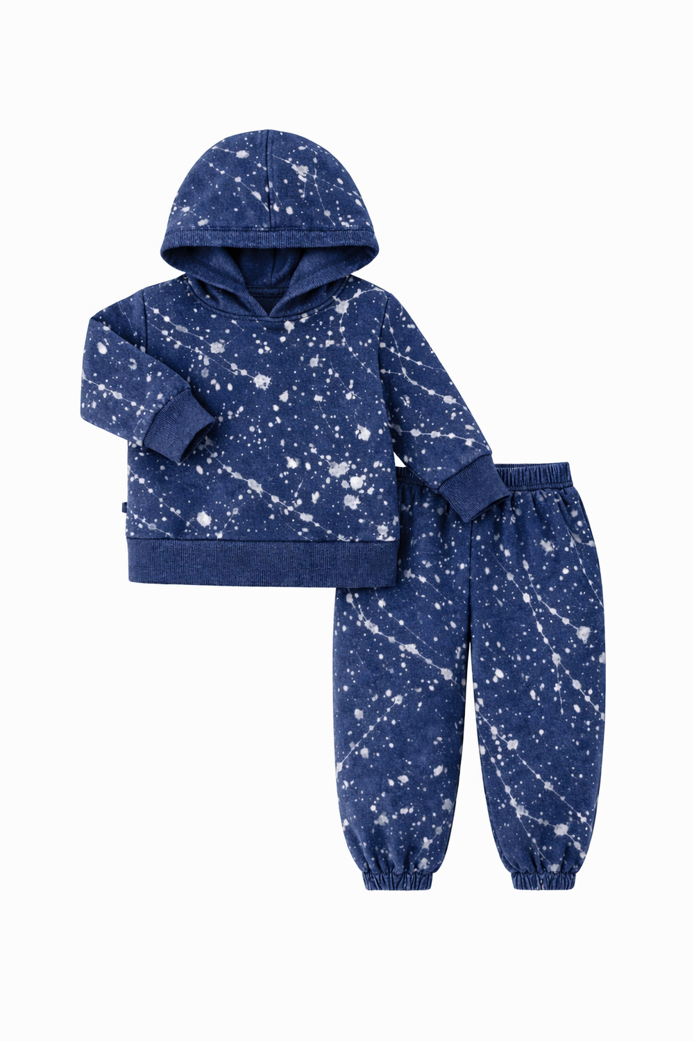 Blue splatter paint hoodie and pants set on a white background