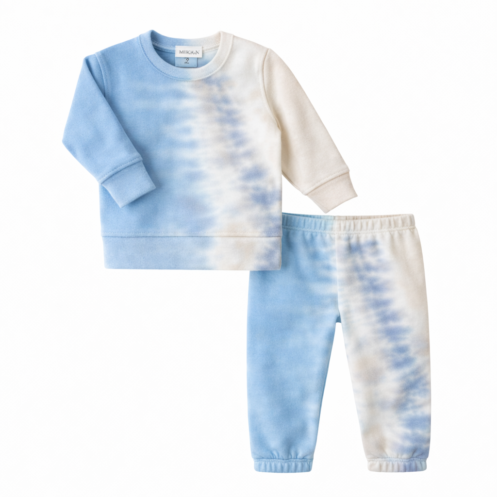 Tie-dye sweatshirt and pants set on a white background