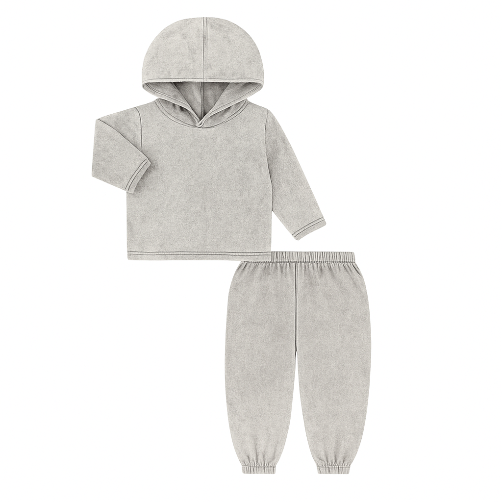 Gray hoodie and pants set on a white background