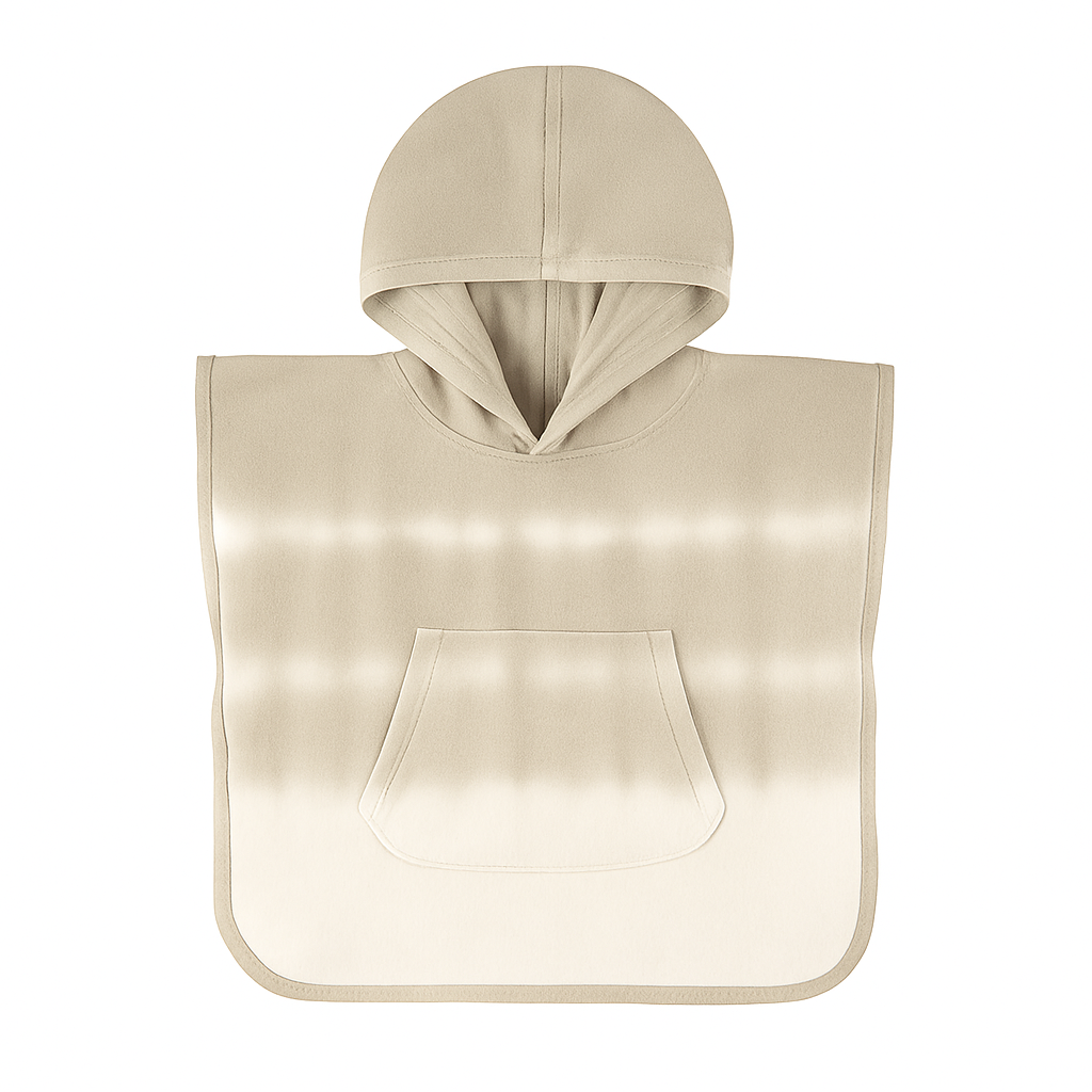 Beige hooded poncho with a pocket on a white background