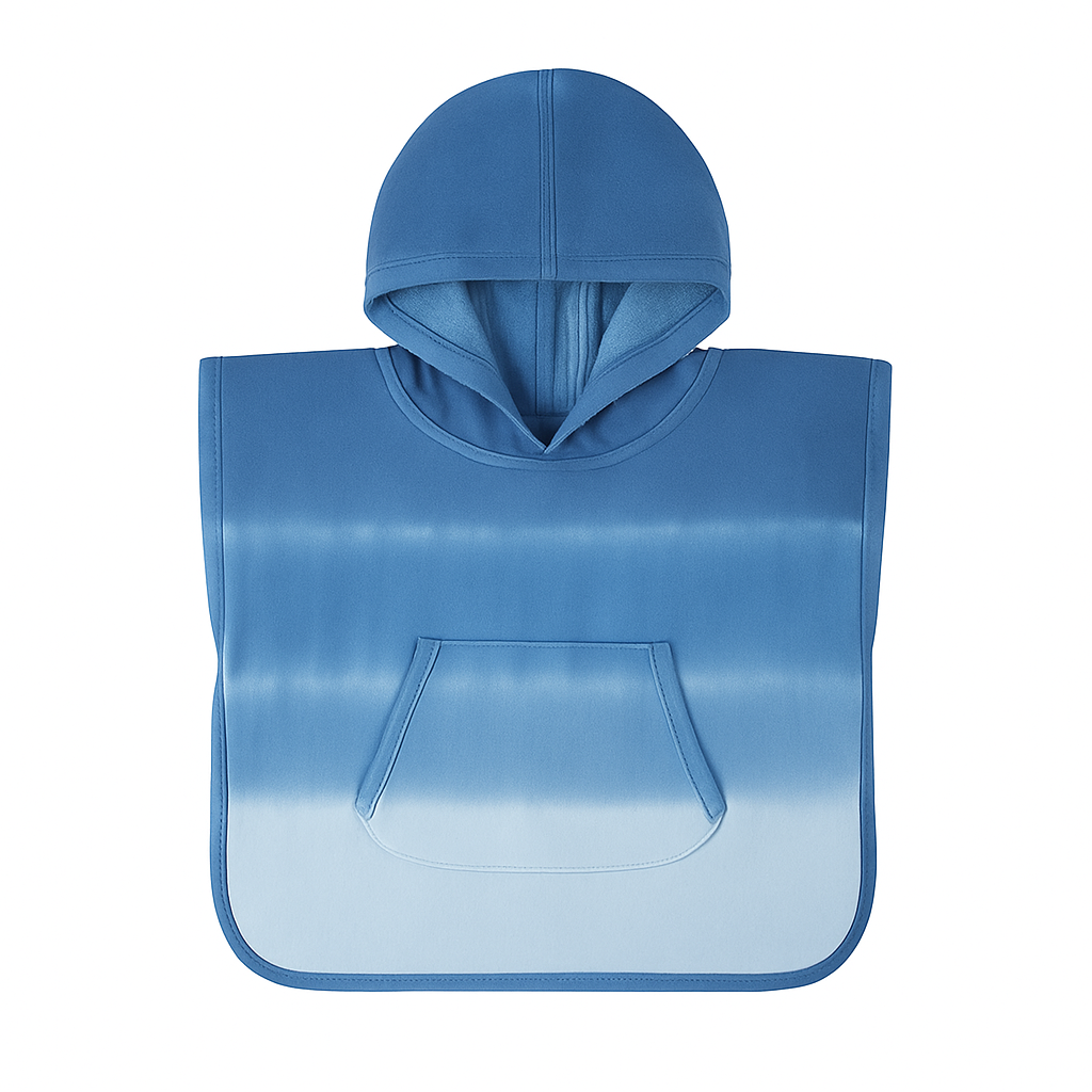 Blue hooded poncho with a pocket on a white background