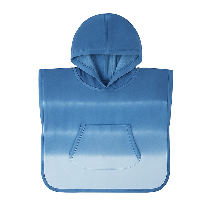 Blue hooded poncho with a pocket on a white background