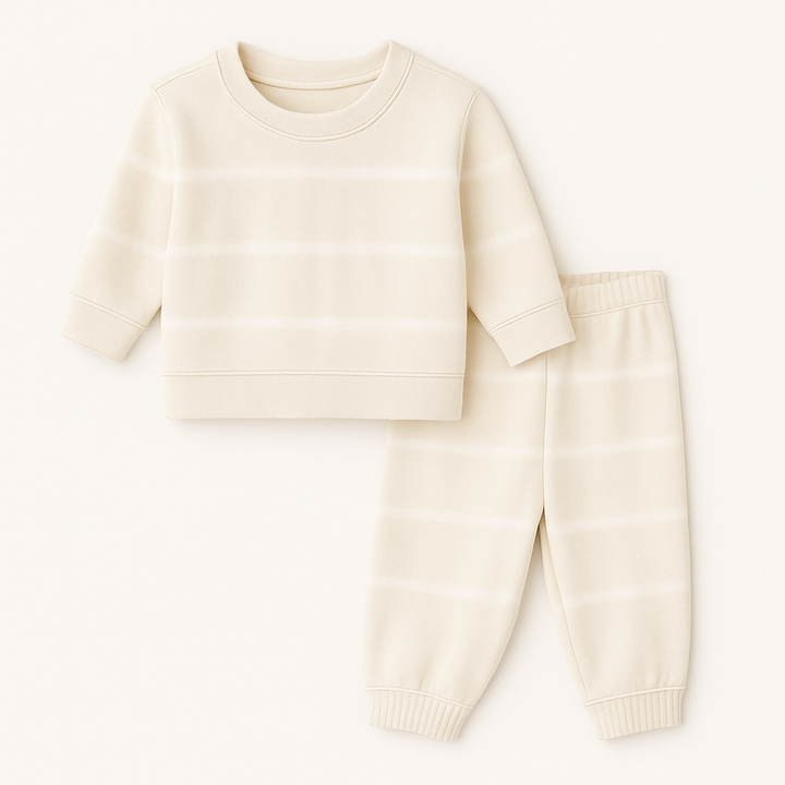 Beige sweatshirt and pants set on a white background