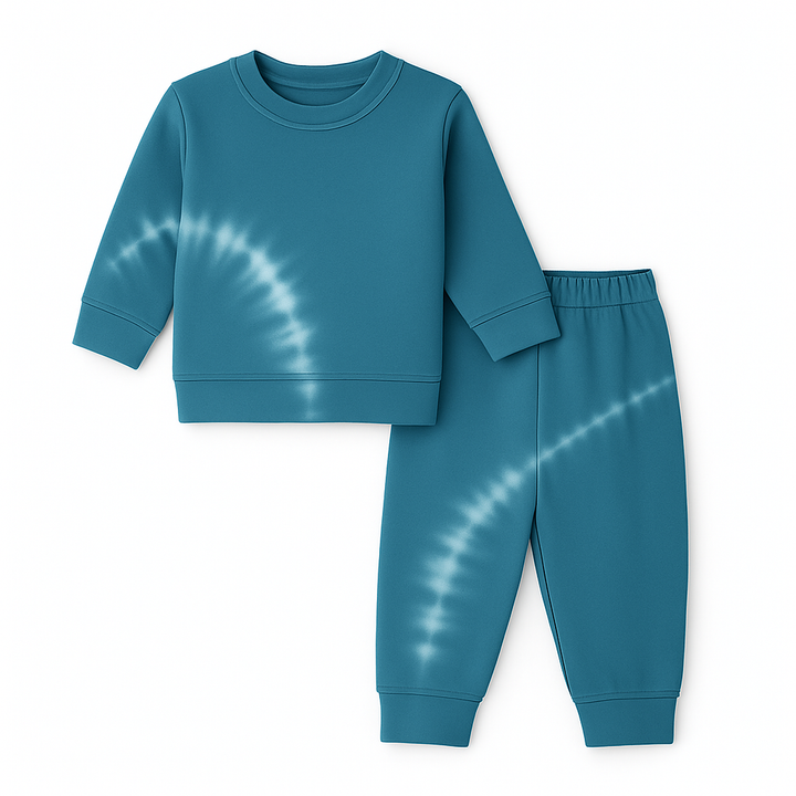 Teal tie-dye sweatshirt and pants set on a white background