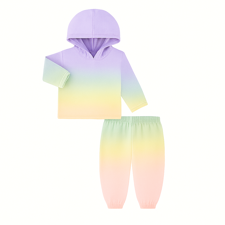 Pastel gradient hoodie and pants set on a white background
