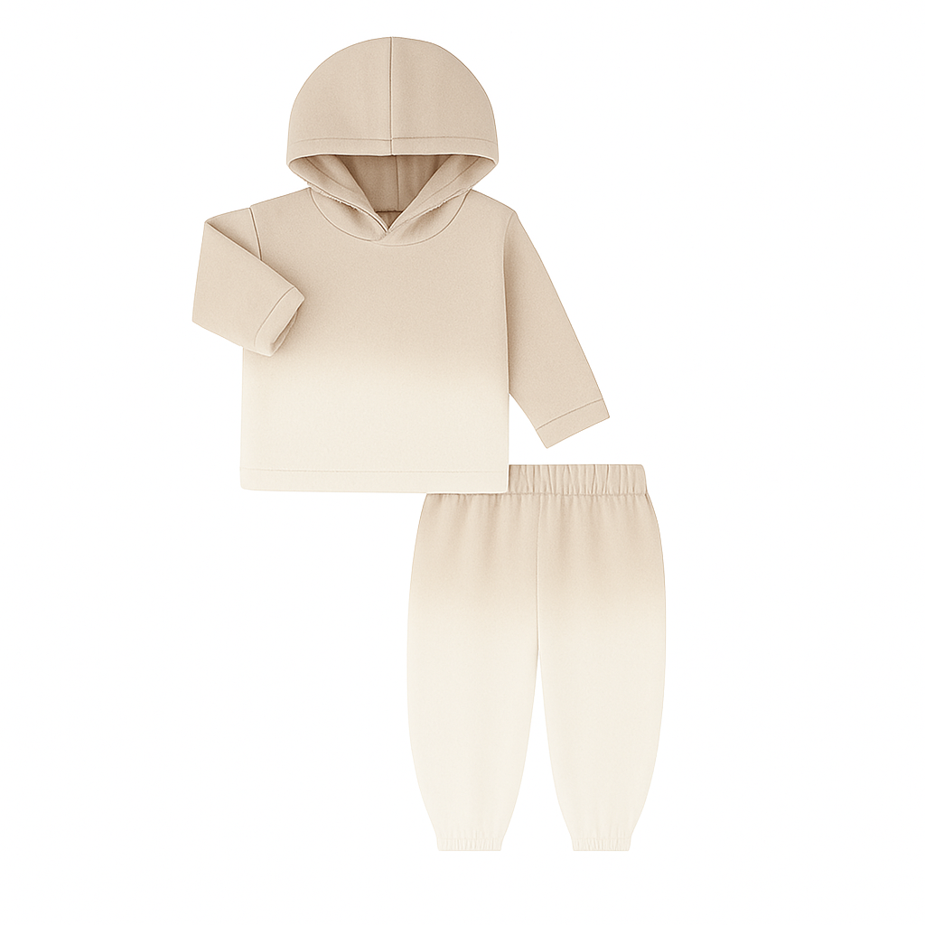 Beige hoodie and pants set on a white background