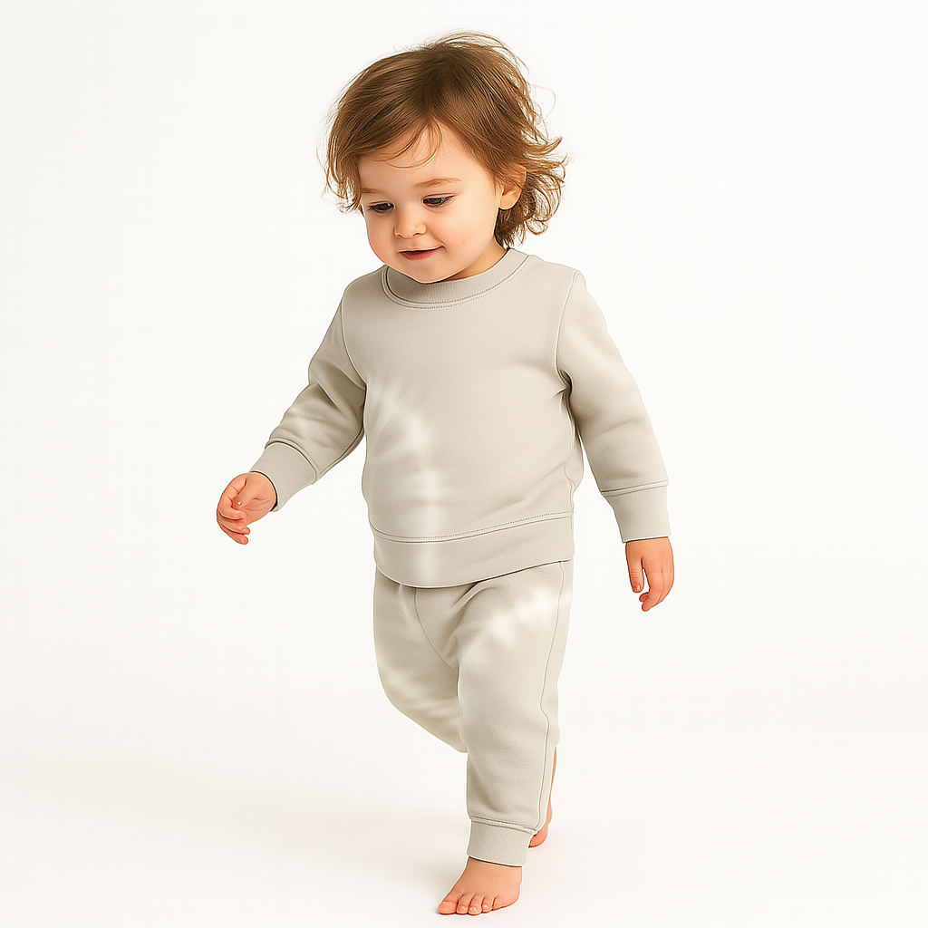 Child wearing a light gray sweatshirt and pants on a white background