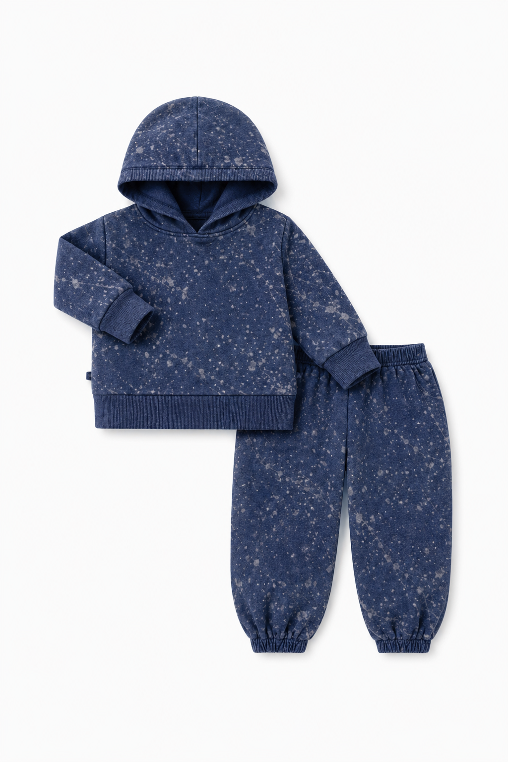 A two-piece baby clothing set consisting of a navy blue hooded sweatshirt and matching jogger pants, both featuring a light speckled or starry pattern, displayed on a clean white background.