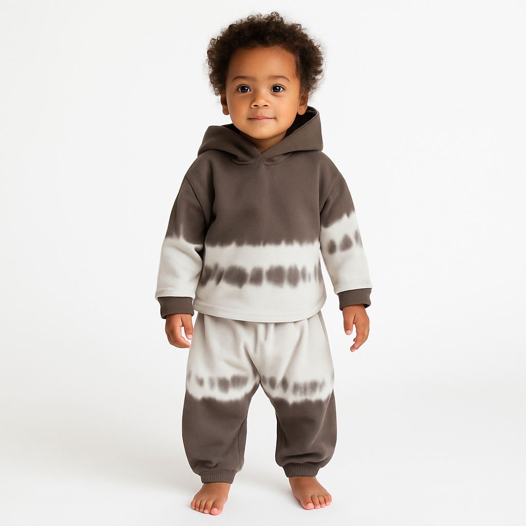 Child wearing a tie-dye hoodie and pants on a white background