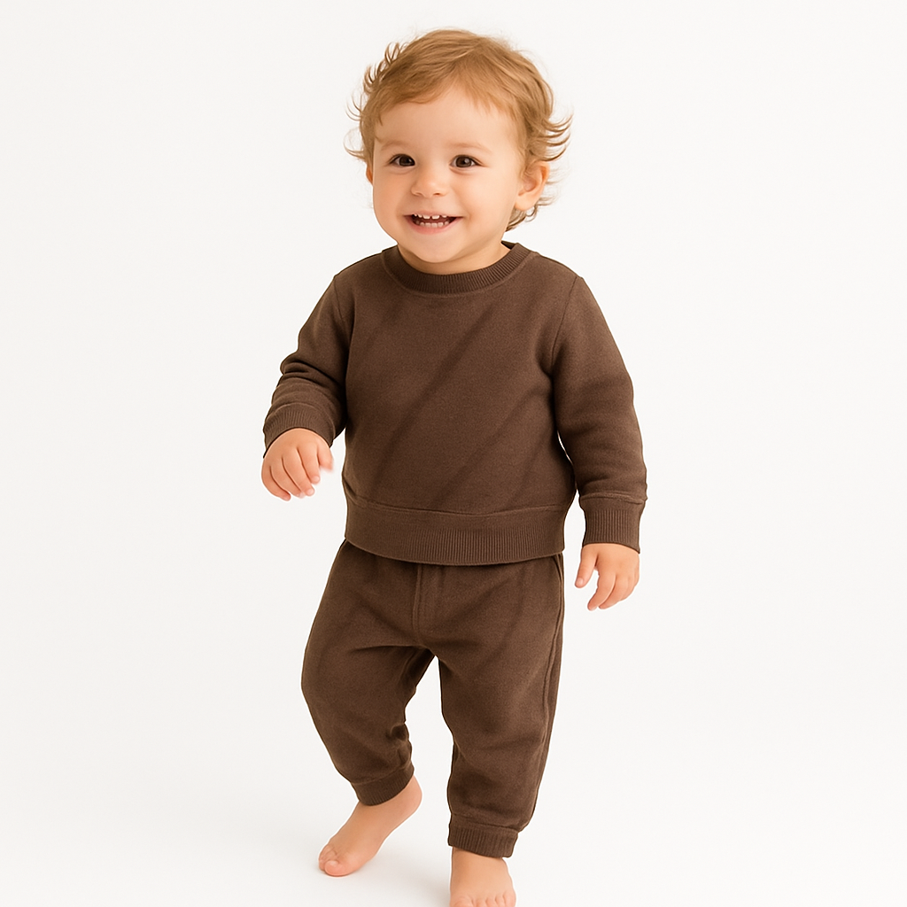 Child wearing a brown outfit on a white background