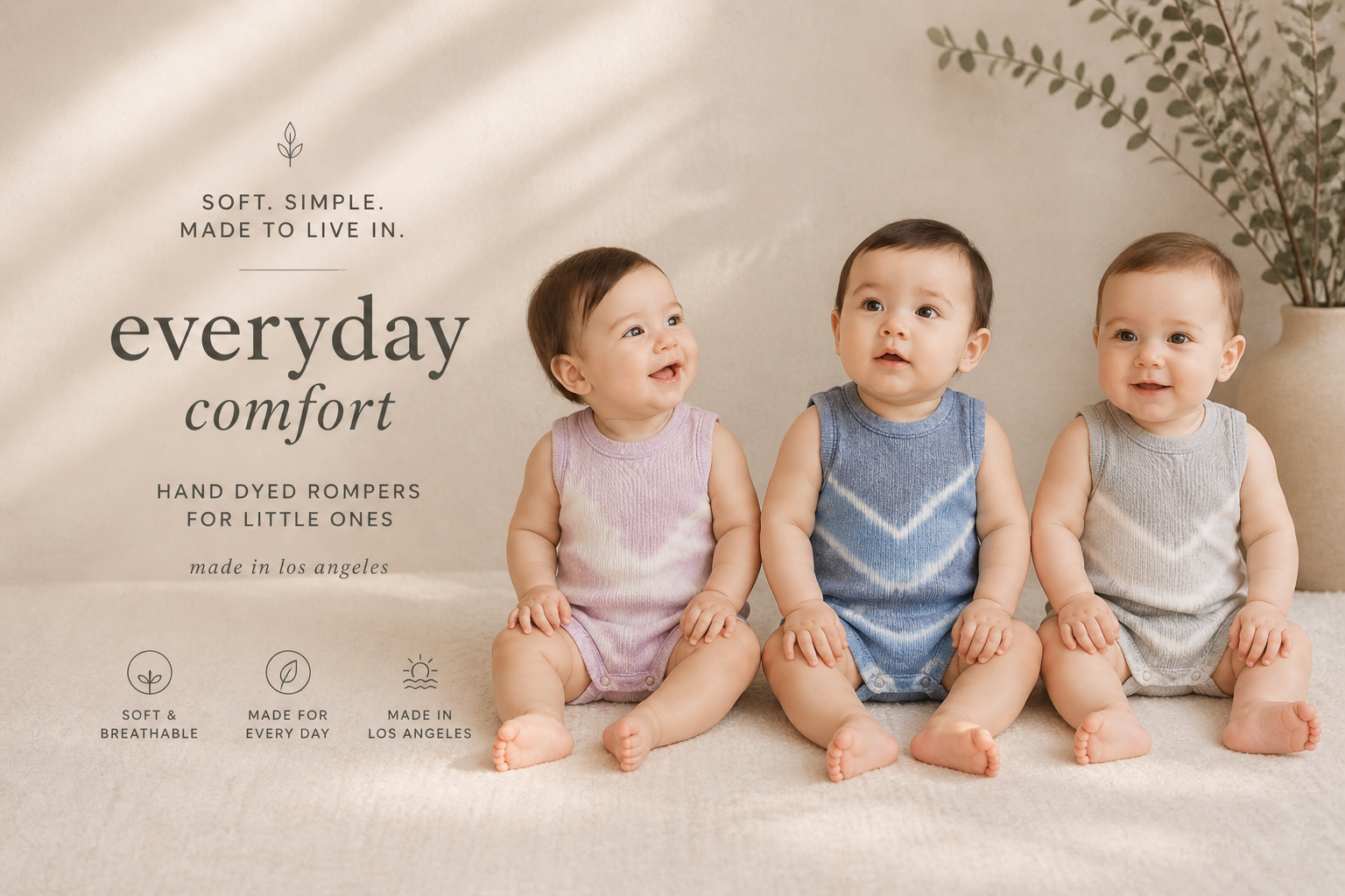 Three babies wearing colorful rompers with text about everyday comfort and hand-dyed rompers.