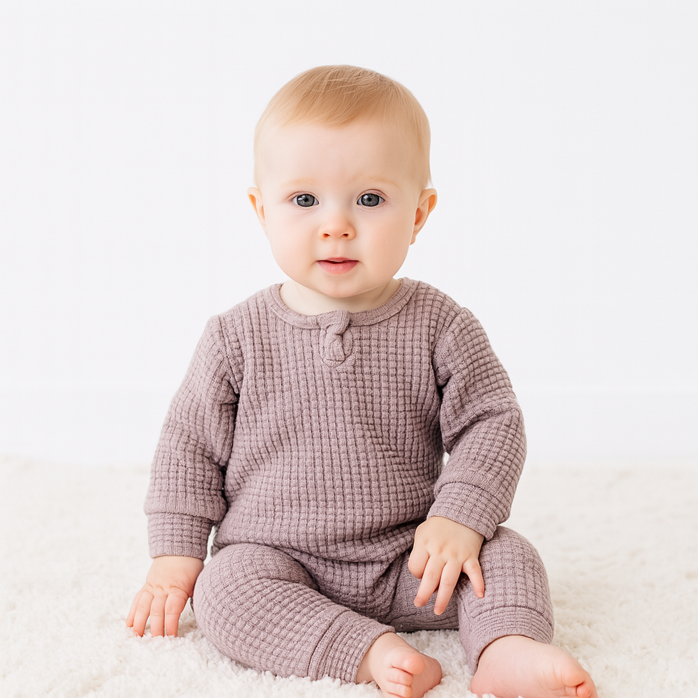 Baby wearing a textured mauve outfit on a white background