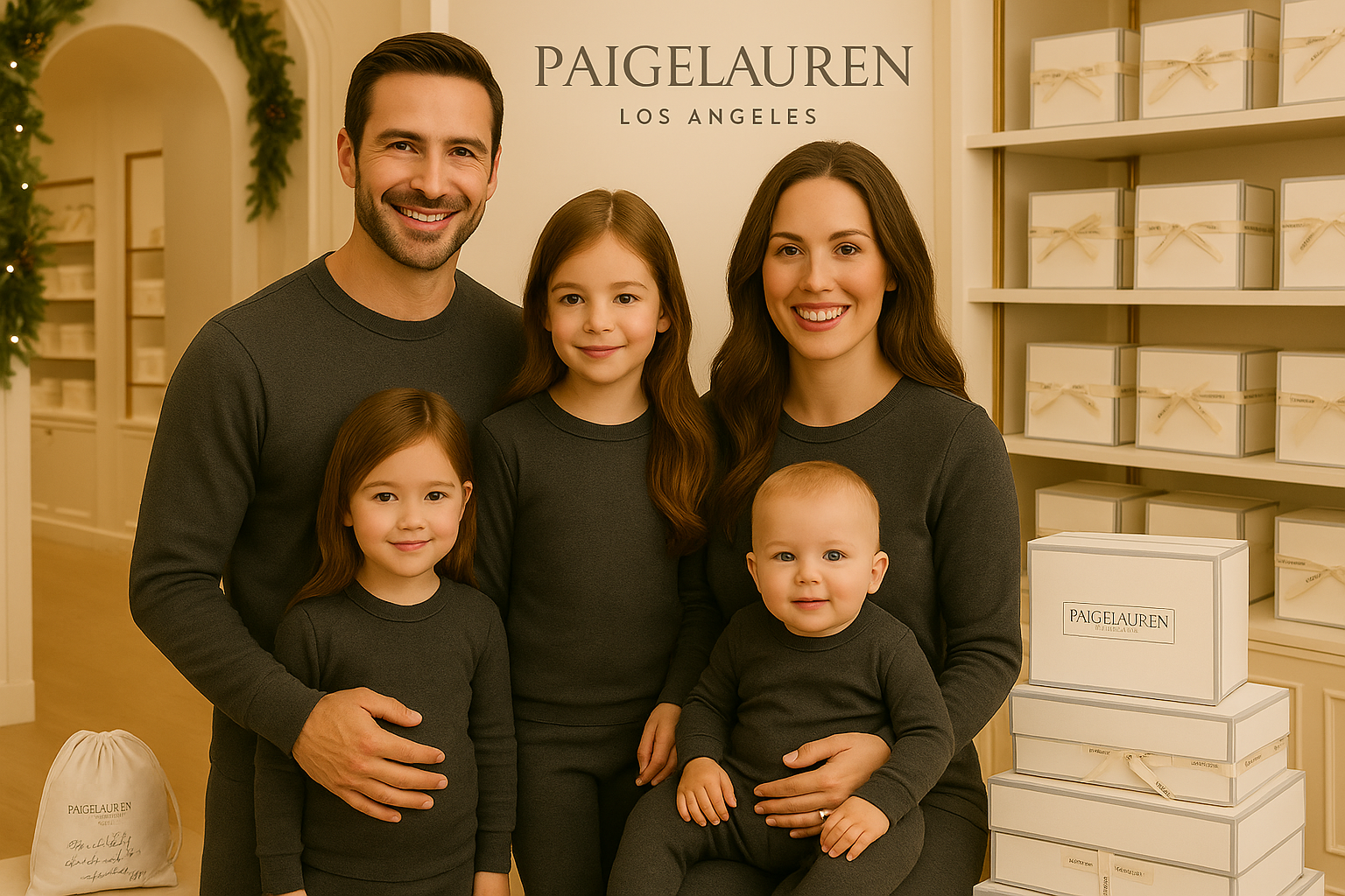 Family of five posing in front of Paigelauren store with branded boxes in the background.