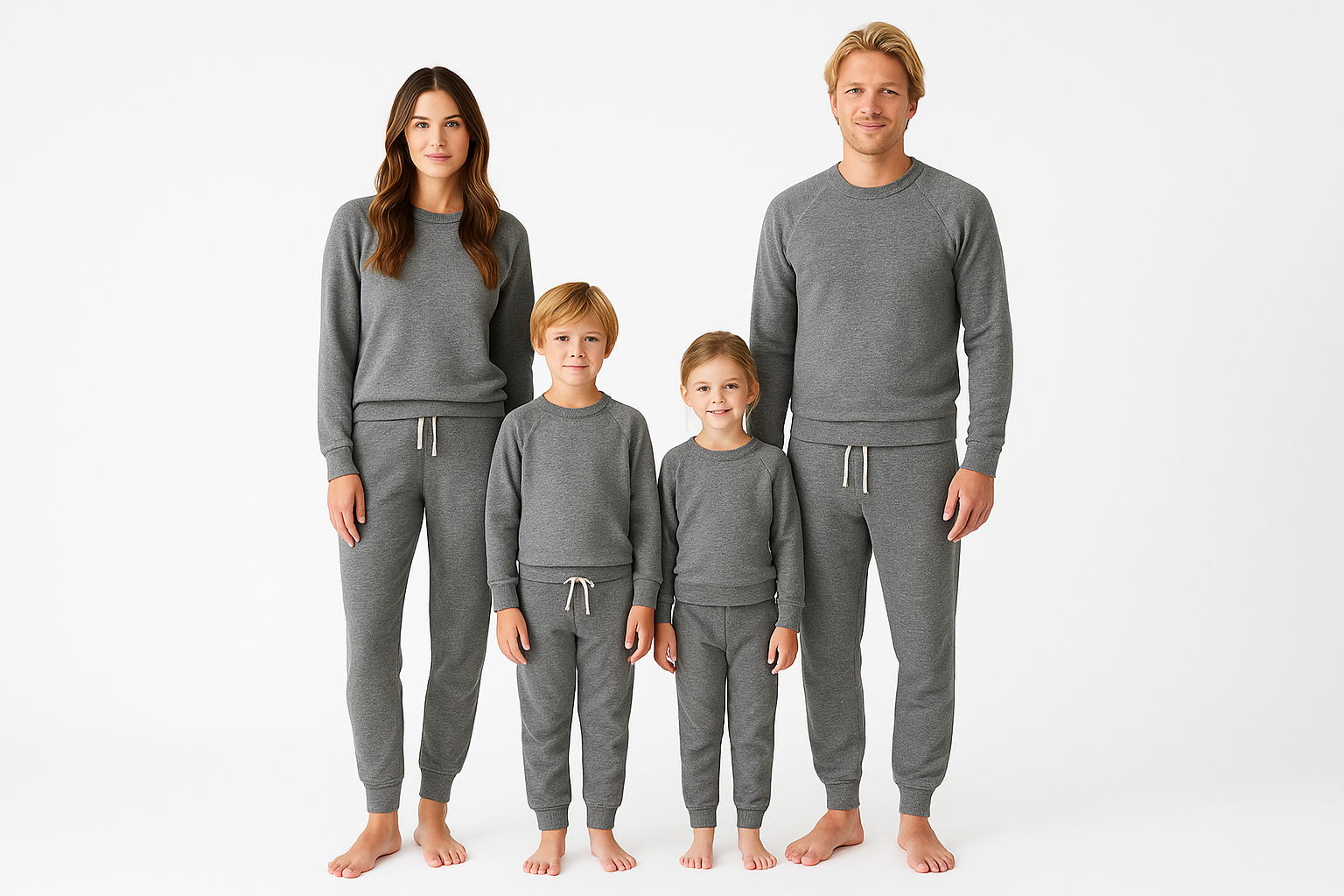 Family of four wearing matching gray pajama sets on a white background