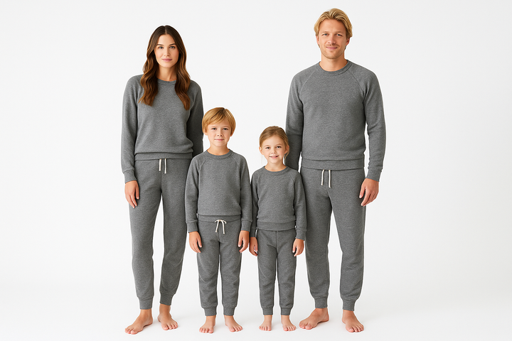 Family of four wearing matching gray pajama sets on a white background