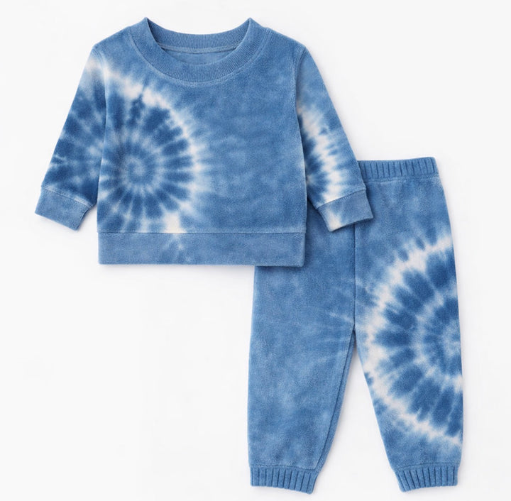 Blue tie-dye sweatshirt and pants set on a white background