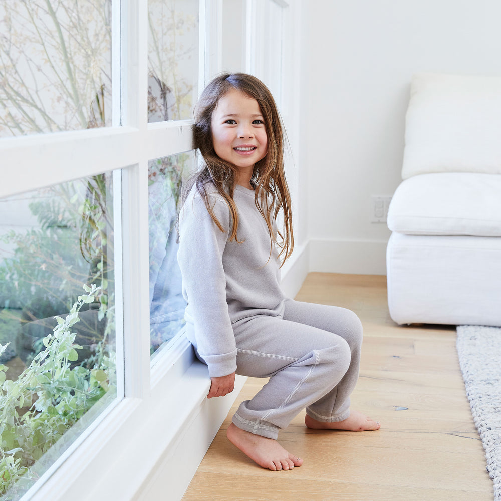 Eco-fleece baby and toddler sweatshirt and sweatpant set in lightweight super soft fabric, made in Los Angeles. light gray