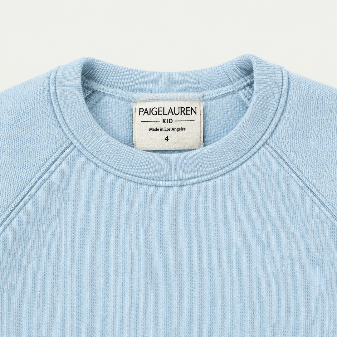 Light Blue fleece sweatshirt ribbed neckline and raglan seam detail