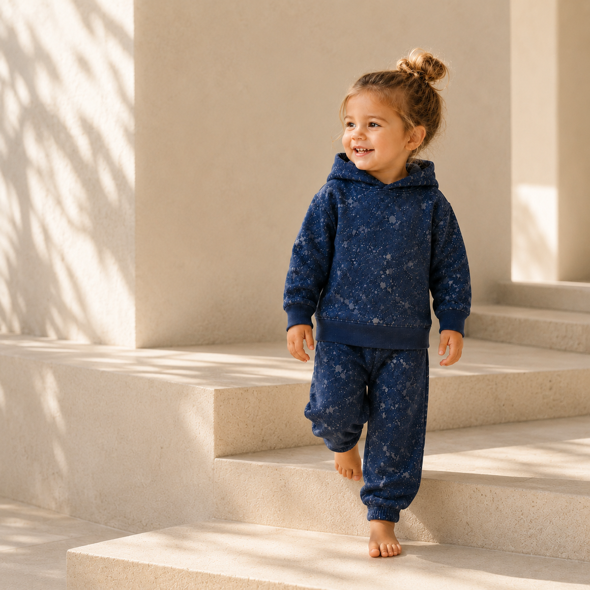 A toddler girl walking down outdoor stone steps wearing a matching navy blue hooded sweatshirt and jogger pants set with a subtle white speckled pattern.