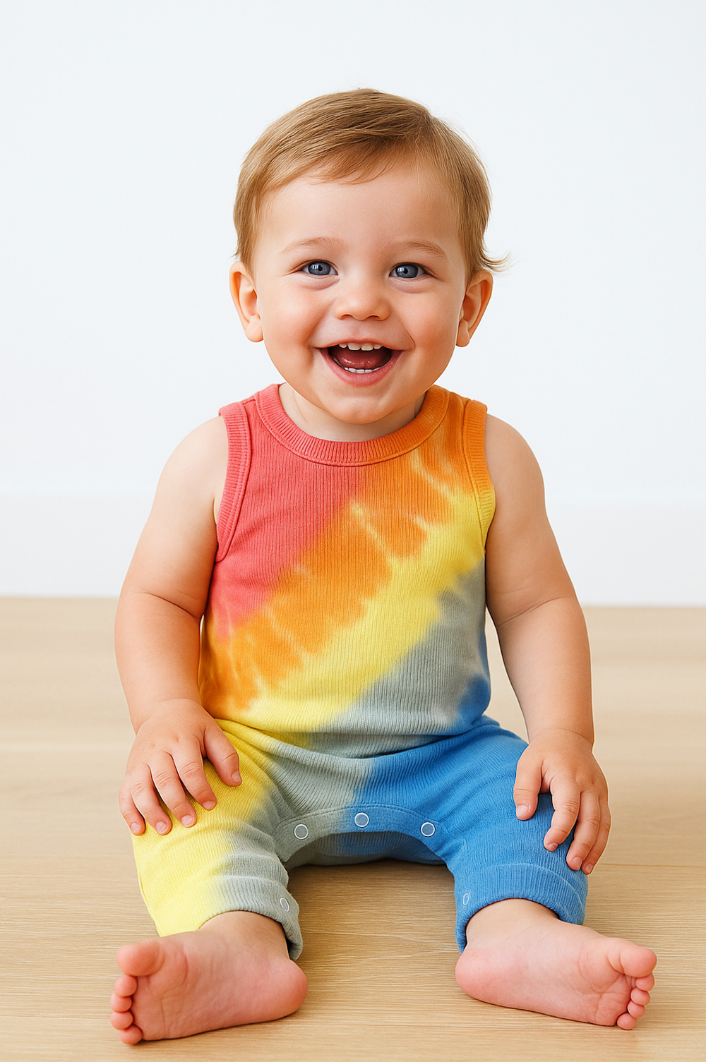 Baby wearing a colorful tie-dye outfit sitting on a light-colored surface.