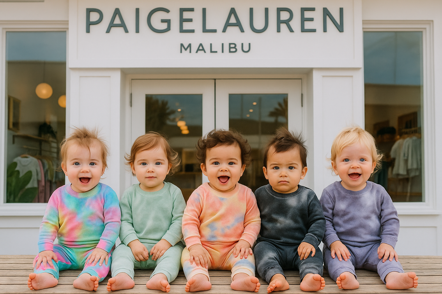 Five toddlers sitting on a wooden bench in front of a store named 'Paige Lauren Malibu'.
