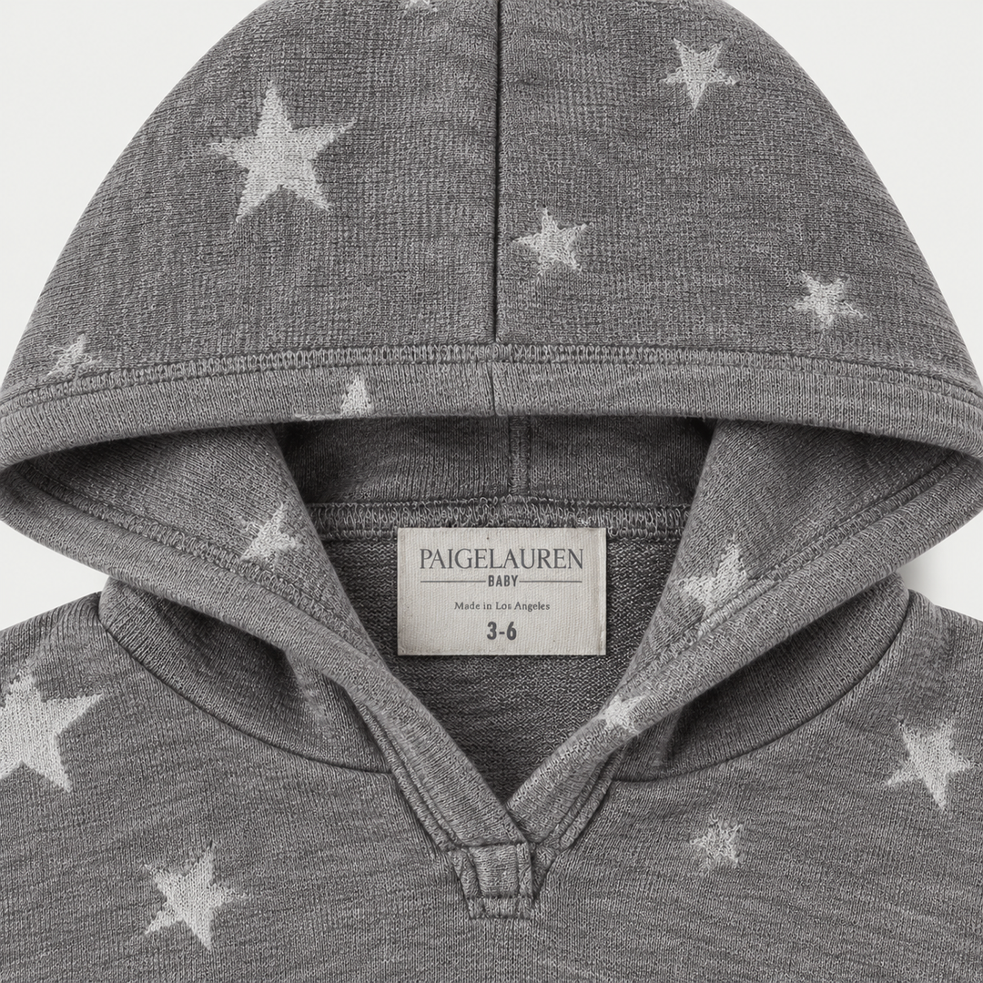 PAIGELAUREN Dark Gray Star Fleece Hoodie neck, hood and label detail