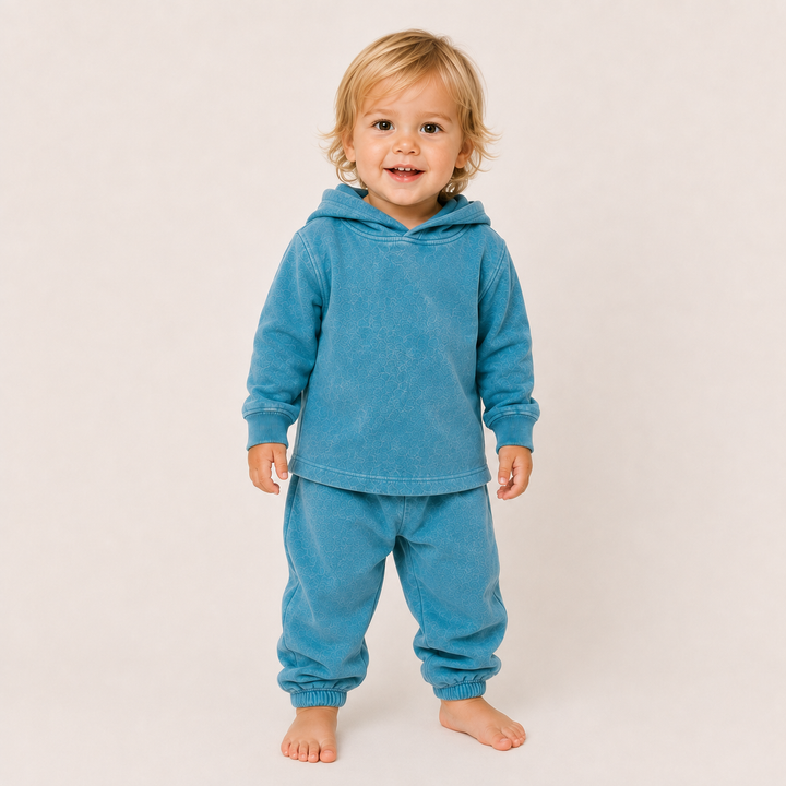 Toddler wearing PAIGELAUREN Mineral Aqua Rib Hoodie & Baggy Pant Set
