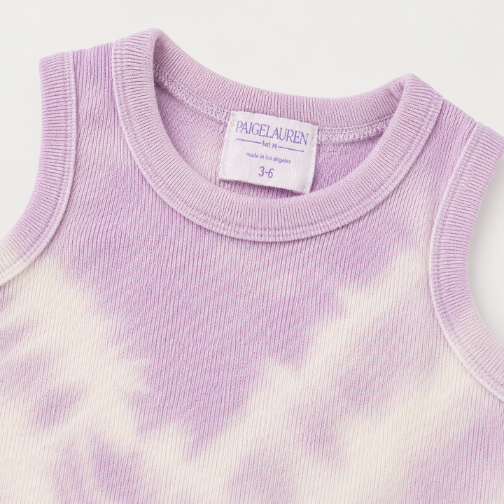Close-up of the neckline, soft binding, and premium baby rib texture on the PAIGELAUREN Lavender Tie Dye Tank Overall