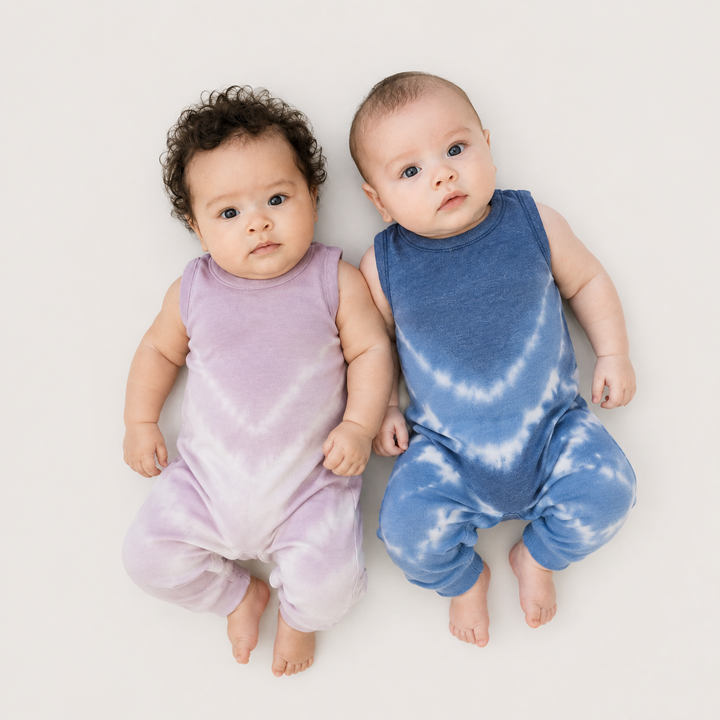 Babies wearing PAIGELAUREN hand-dyed Blue Baby Rib Tie Dye Tank Overalls