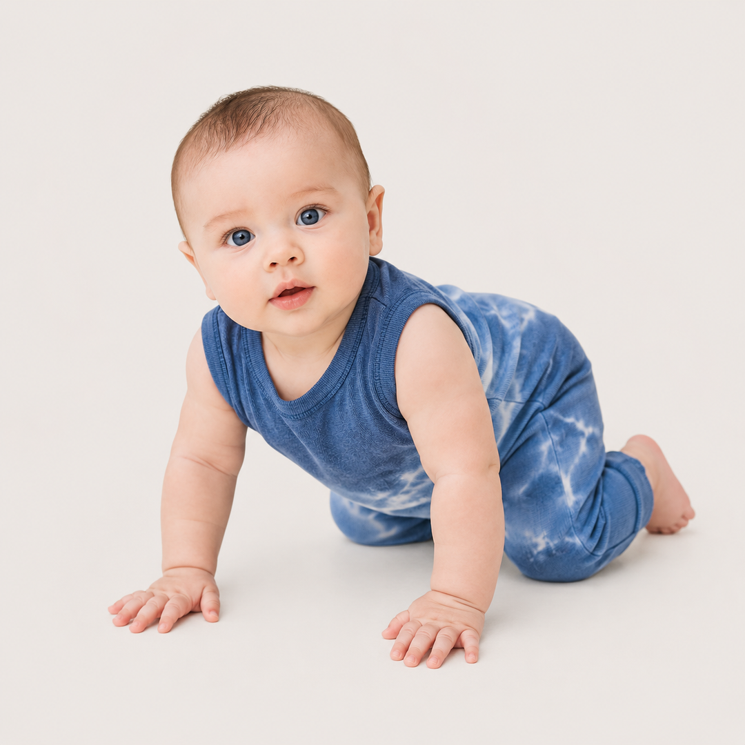 Baby crawling in the PAIGELAUREN Blue Baby Rib Tie Dye Tank Overall made in Los Angeles