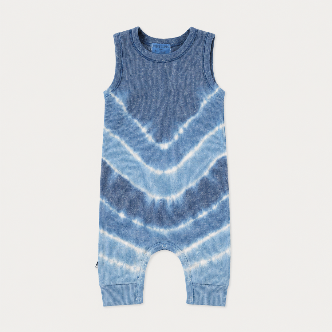 PAIGELAUREN Blue Baby Rib Tie Dye Tank Overall in hand-dyed baby rib cotton, front product view