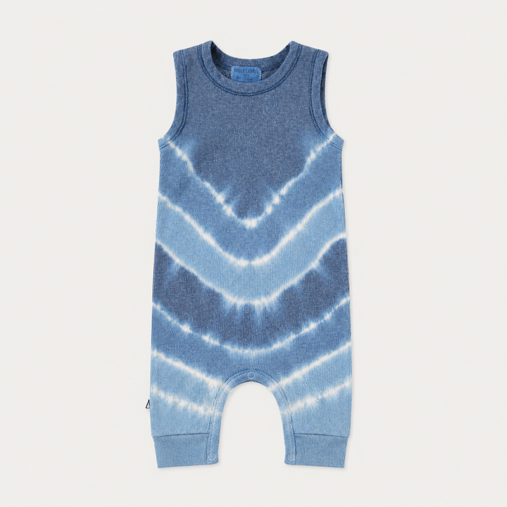 PAIGELAUREN Blue Baby Rib Tie Dye Tank Overall in hand-dyed baby rib cotton, front product view