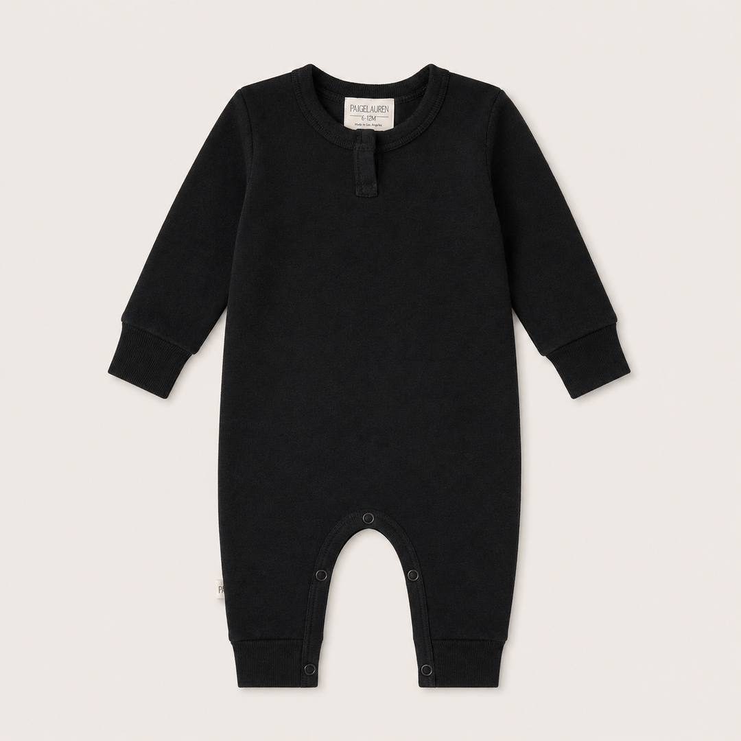 PAIGELAUREN Fleece Sweatshirt Henley Romper in Black front product view