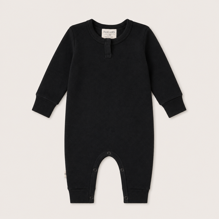 PAIGELAUREN Fleece Sweatshirt Henley Romper in Black front product view