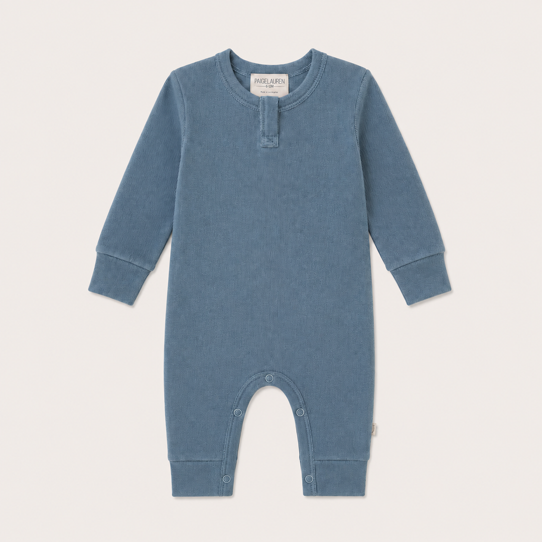 PAIGELAUREN Fleece Sweatshirt Henley Romper in Dusty Blue, front product view