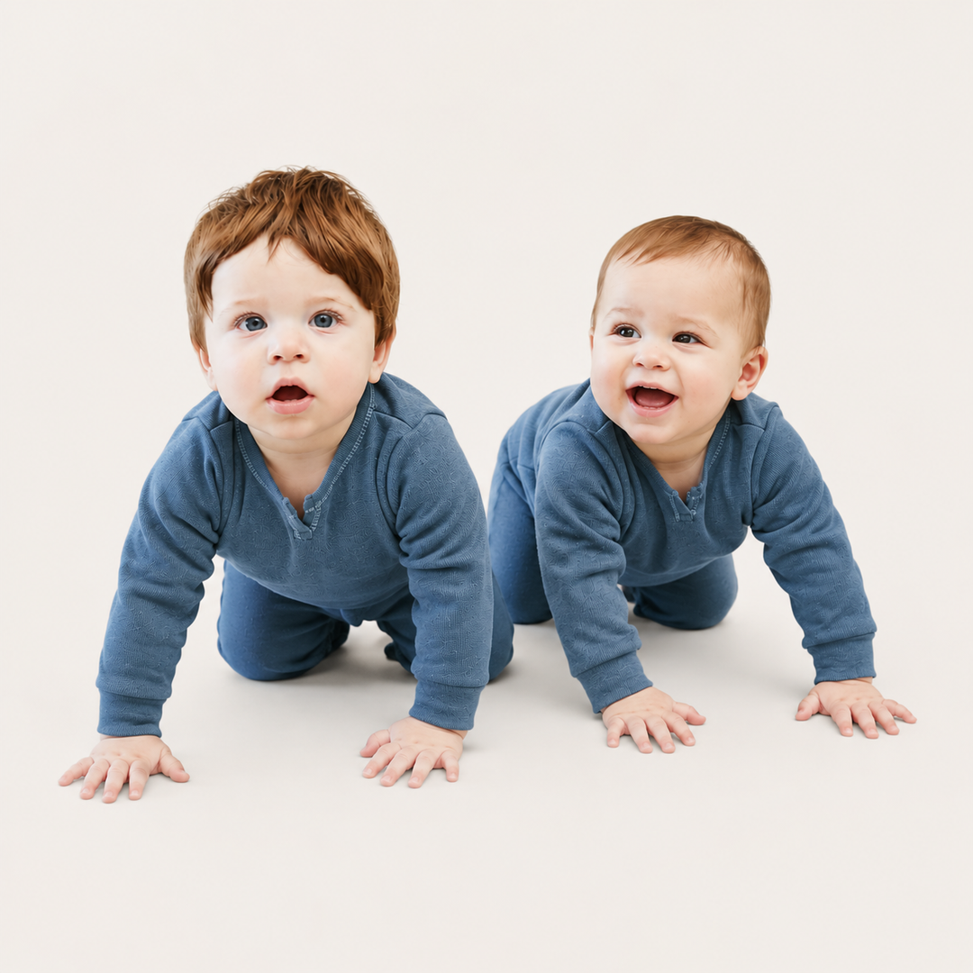 Two babies crawling while wearing matching PAIGELAUREN Fleece Sweatshirt Henley Rompers