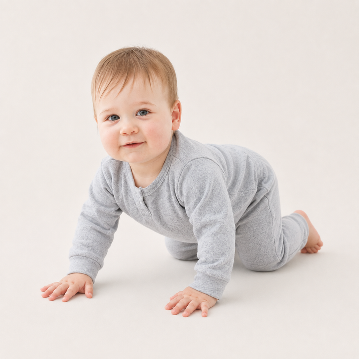 Baby crawling while wearing the PAIGELAUREN Fleece Sweatshirt Henley Romper in Heathered Gray