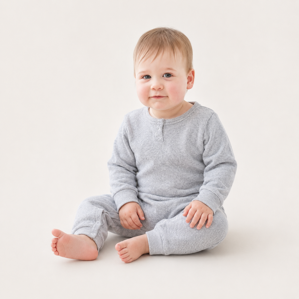 Baby wearing the PAIGELAUREN Fleece Sweatshirt Henley Romper in Heathered Gray while sitting