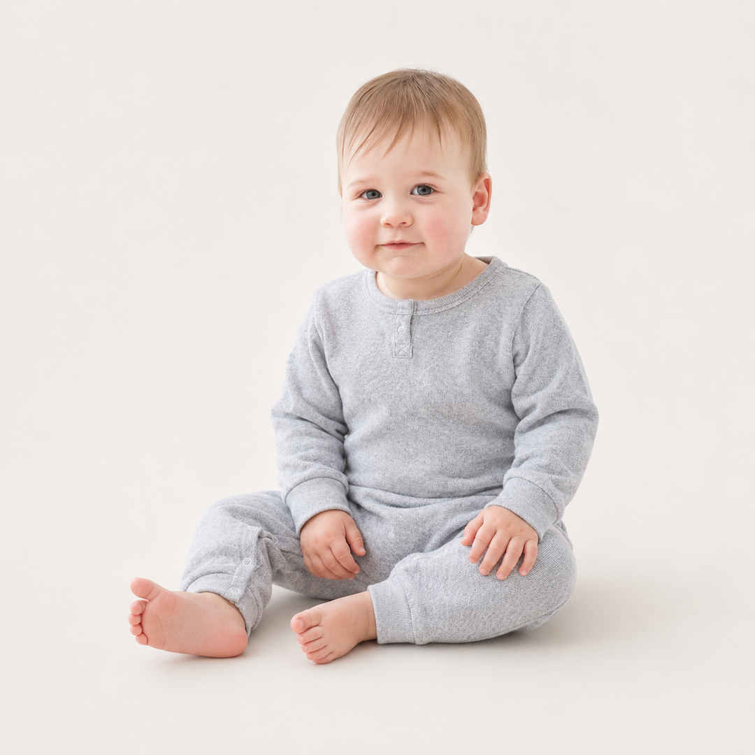 Baby wearing the PAIGELAUREN Fleece Sweatshirt Henley Romper in Heathered Gray while sitting