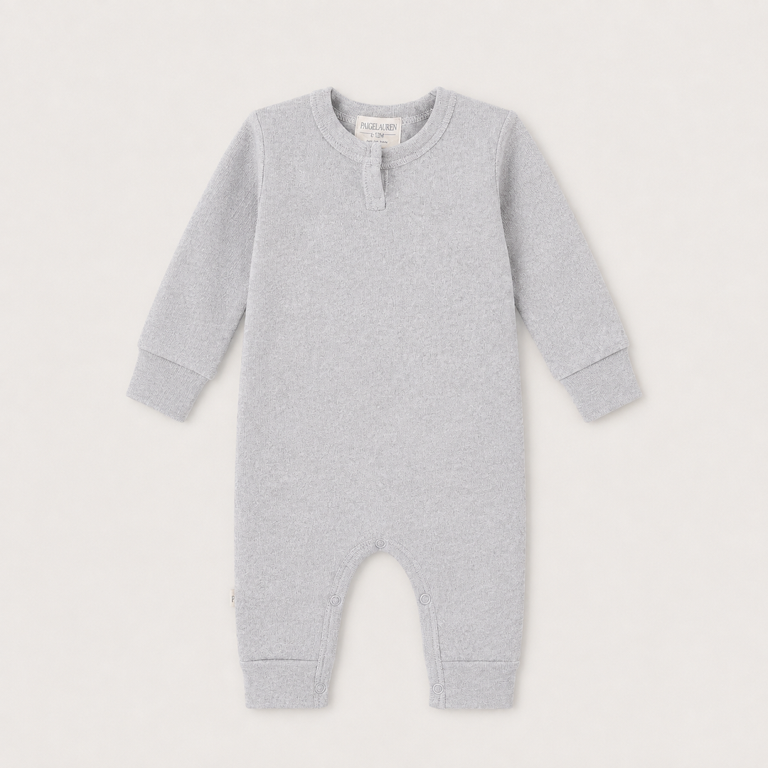PAIGELAUREN Fleece Sweatshirt Henley Romper in Heathered Gray, front product view