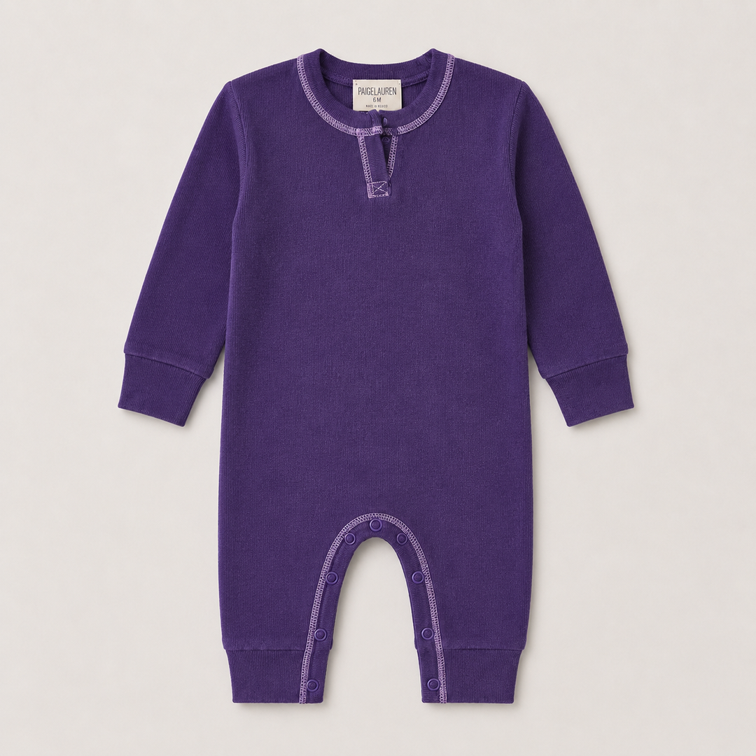 PAIGELAUREN Fleece Sweatshirt Henley Romper in purple, front product view